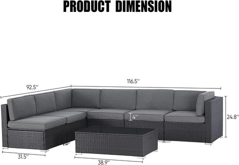 7-Piece Outdoor Furniture Set, Black Brown Wicker Furniture Modular Sectional Sofa Set with Cushions and Tempered Glass Coffee Table-Gray