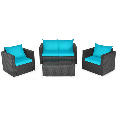 4PCS Patio Rattan Cushioned Sofa Chair Coffee Table Turquoise