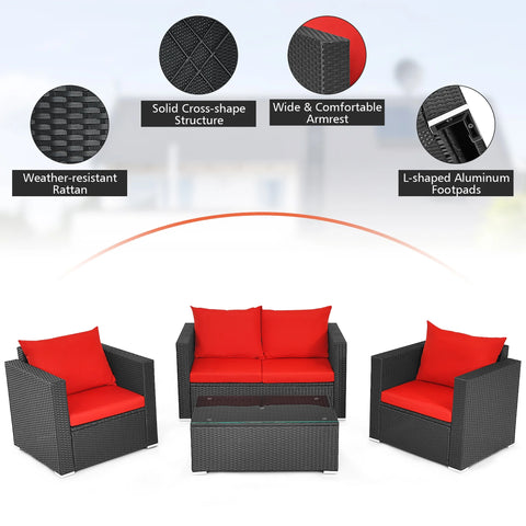 4PCS Patio Rattan Furniture Set Cushioned Sofa Chair Coffee Table Garden Red