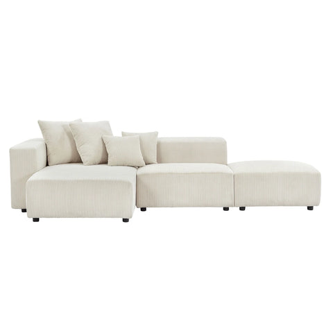 3 Pieces Set Corduroy Sectional Modular Sofa with 6 Throw Pillows, Soft L-Shaped Chaise Couch Furniture for Living Room Apartment Office, Beige