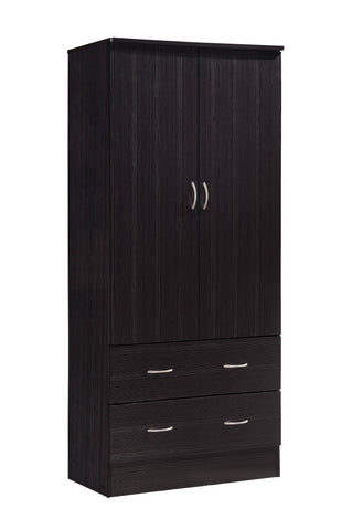 Two-Door Wardrobe with Two Drawers & Hanging Rod – Chocolate Storage Cabinet
