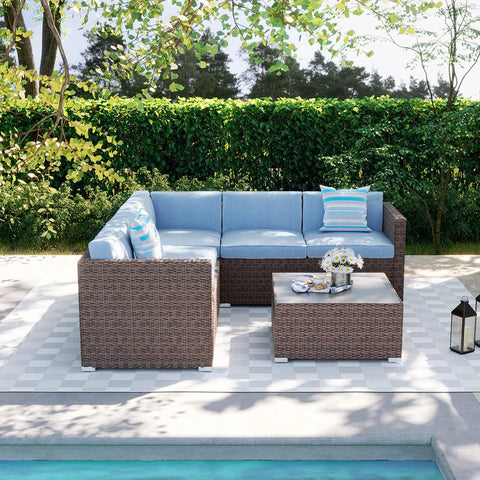 4-Piece Outdoor Sectional Sofa Patio Furniture Set W Blue Thick Cushions, Patio Conversation Set Outdoor Wicker Sofa W Tempered Glass Coffee Table, Backyard (Blue)