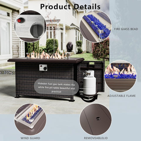 8-Piece Outdoor Patio Furniture Set with Gas Fire Pit Table – Sectional Sofa & 43'' Propane Fire Pit, PE Wicker Rattan Conversation Set, Dark Blue