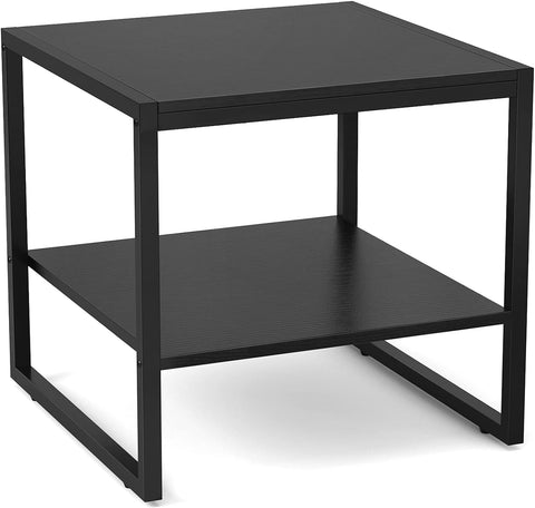 End Table, 20 Inch Square End Table, Mini Fridge Stand with 2-Tier Storage Shelves, Industrial Wood Side Tables for Living Room, Black