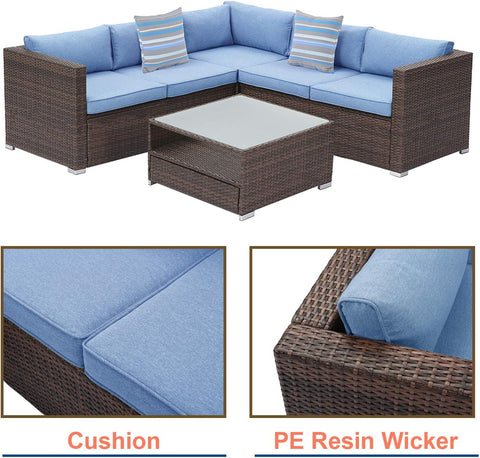 4-Piece Outdoor Sectional Sofa Patio Furniture Set W Blue Thick Cushions, Patio Conversation Set Outdoor Wicker Sofa W Tempered Glass Coffee Table, Backyard (Blue)