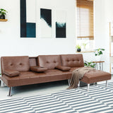 3 Pieces Convertible Sectional Sofa Set, 3 Seat Sofa and Couch with Cup Holders and Ottoman, Tufted PU Leather Chaise Modern Reversible Living Room Furniture for Apartment Office (Brown)