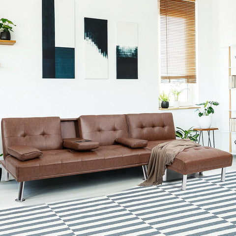 3 Pieces Convertible Sectional Sofa Set, 3 Seat Sofa and Couch with Cup Holders and Ottoman, Tufted PU Leather Chaise Modern Reversible Living Room Furniture for Apartment Office (Brown)