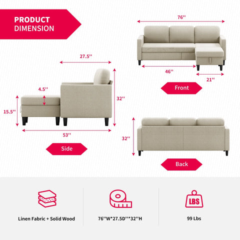 Small Space Sectional Sofa – L-Shaped with Storage Ottoman & Movable Modules, Beige Linen Living Room Couch