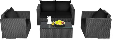 4-Piece Patio Rattan Conversation Set – Outdoor Wicker Sofa Set with Padded Cushions & Tempered Glass Coffee Table, Wicker Sectional Sofas for Courtyard, Balcony, Black