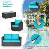 4PCS Patio Rattan Cushioned Sofa Chair Coffee Table Turquoise