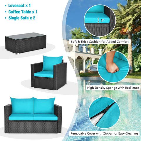 4PCS Patio Rattan Cushioned Sofa Chair Coffee Table Turquoise