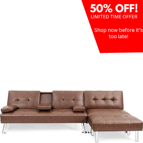 3 Pieces Convertible Sectional Sofa Set, 3 Seat Sofa and Couch with Cup Holders and Ottoman, Tufted PU Leather Chaise Modern Reversible Living Room Furniture for Apartment Office (Brown)