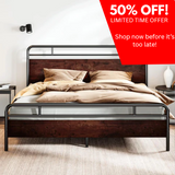 King Size Bed Frame with Wooden Headboard and Footboard, Rounded Corner Metal Structure, Heavy Duty Slats with Under-Bed Storage, No Box Spring Needed, Mahogany