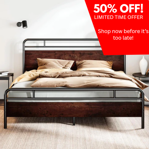 King Size Bed Frame with Wooden Headboard and Footboard, Rounded Corner Metal Structure, Heavy Duty Slats with Under-Bed Storage, No Box Spring Needed, Mahogany