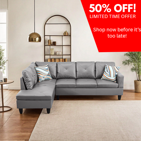 Modern L-Shaped Faux Leather Sectional Sofa – 4-Seat Dark Grey Couch with 16" Back Height for Living Room (No Ottoman)