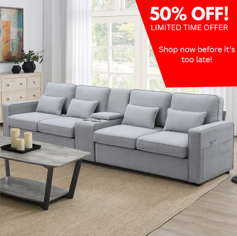 4 Seater Sofa with USB Ports Upholstered Couch with Storage Coffee Table and Cup Holders for Living Room,114.2" Light Gray