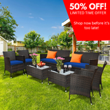 8PCS Patio Rattan Conversation Furniture Set Outdoor W/ Navy Cushion