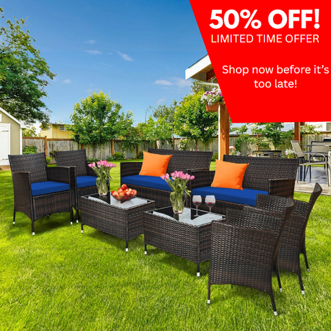 8PCS Patio Rattan Conversation Furniture Set Outdoor W/ Navy Cushion