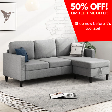 Small Space Sectional Sofa – L-Shaped with Storage Ottoman & Movable Modules, Light Grey Linen Living Room Couch