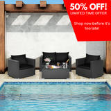 4-Piece Patio Rattan Conversation Set – Outdoor Wicker Sofa Set with Padded Cushions & Tempered Glass Coffee Table, Wicker Sectional Sofas for Courtyard, Balcony, Black