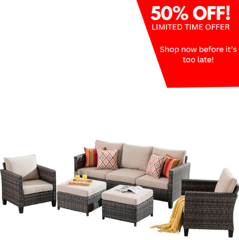 5-Piece Patio Furniture Set – Outdoor Wicker Rattan Sofa, Chairs, Ottomans & Cushions, All-Weather High Back Conversation Set for Garden & Backyard, Beige