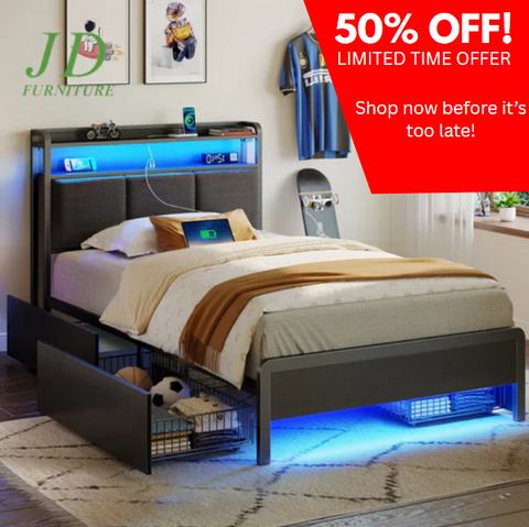 Franzi Bed with Storage Headboard – Bed Frame with 4 Drawers, Charging Station & RGB LED Lights