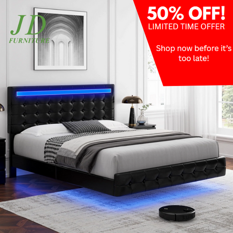 Full Size Floating LED Platform Bed Frame – Black PU Leather, Tufted Upholstered Headboard, Underbed Storage