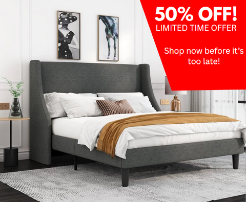 Platform Bed Frame Full Size with Upholstered Headboard – Modern Deluxe Wingback Design, Wood Slat Support, Dark Grey
