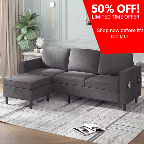 Sectional Sofa with Storage Ottoman, 78'' Convertible L-Shaped Sofa Couch for Living Room&Small Space, Dark Grey