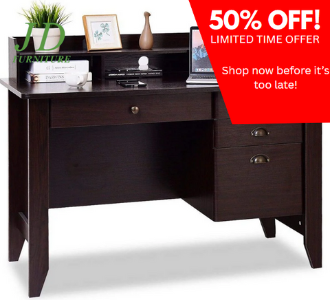 Computer Desk with 4 Storage Drawers & Hutch, Home Office Desk Vintage Desk with Storage Shelves, Wooden Executive Desk Writing Study Desk (Brown)