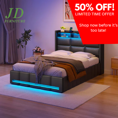 Jilissa Upholstered Lift-Up Storage Bed – Bookcase, Charging Station & RGB LED Lights