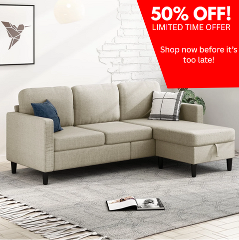 Small Space Sectional Sofa – L-Shaped with Storage Ottoman & Movable Modules, Beige Linen Living Room Couch