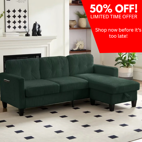 Small L-Shaped Sectional Sofa with Storage Ottomans – Corduroy Couch for Living Room, Green