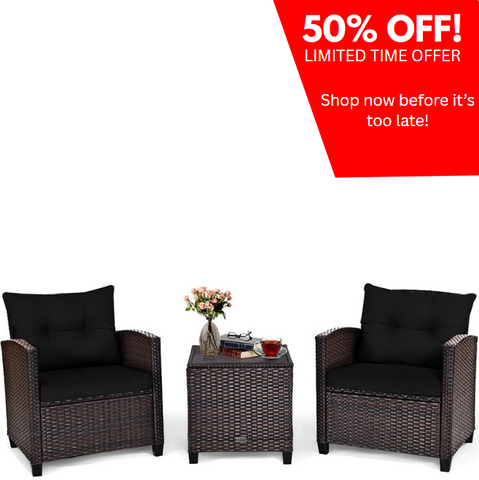 3 Pieces Patio Furniture Set, PE Rattan Wicker 3 Pcs Outdoor Sofa Set W/Washable Cushion and Tempered Glass Tabletop, Conversation Furniture for Garden Poolside Balcony (Black)