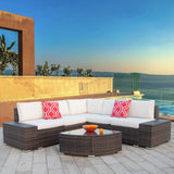 6Pcs Patio Furniture Set PE Brown Rattan Wicker Sectional Outdoor Sofa Set outside Couch W/Washable Seat Cushions & Modern Glass Wedge Table for Patio, Backyard, Pool-Beige