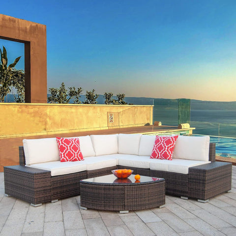 6Pcs Patio Furniture Set PE Brown Rattan Wicker Sectional Outdoor Sofa Set outside Couch W/Washable Seat Cushions & Modern Glass Wedge Table for Patio, Backyard, Pool-Beige