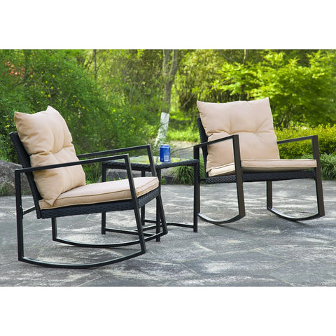 3 Pieces Wicker Outdoor Set with a High-Quality Tempered Glass Coffee Table, Black, Steel, 2