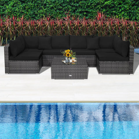 7PCS Patio Rattan Sectional Sofa Set Outdoor Furniture Set W/ Black Cushions