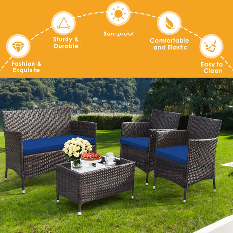 8PCS Patio Rattan Conversation Furniture Set Outdoor W/ Navy Cushion