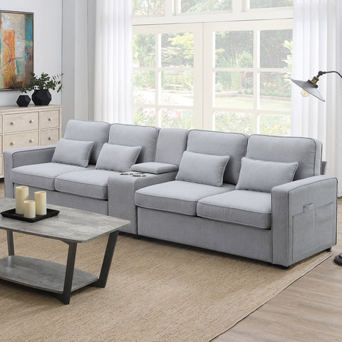 4 Seater Sofa with USB Ports Upholstered Couch with Storage Coffee Table and Cup Holders for Living Room,114.2" Light Gray