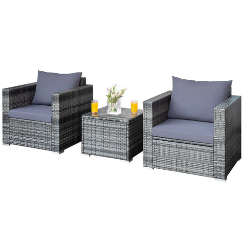 3PCS Rattan Patio Conversation Set Outdoor Furniture Set W/ Table Cushion