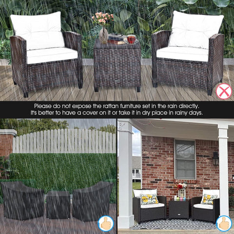 3 Pieces Patio Furniture Set, PE Rattan Wicker 3 Pcs Outdoor Sofa Set W/Washable Cushion and Tempered Glass Tabletop, Conversation Furniture for Garden Poolside Balcony (Black)