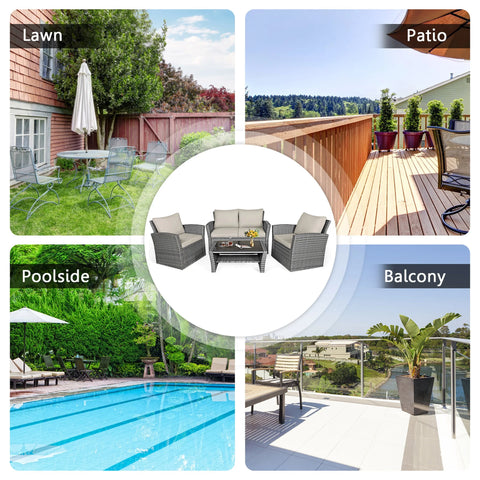4PCS Patio Rattan Conversation Set Outdoor Furniture Set With Khaki Cushions