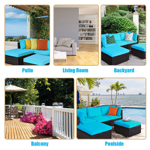 5PCS Cushioned Rattan Patio Conversation Set Outdoor Furniture Set with Ottoman