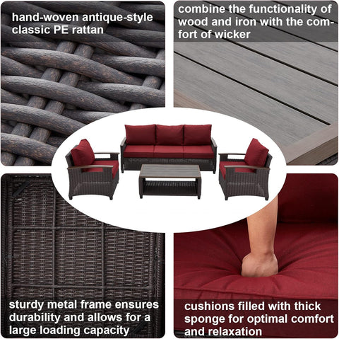 4-Piece Patio Furniture Set – Luxurious Retro Wicker Conversation Set, All-Weather Outdoor Sectional Sofa with 5 Seats & Table, Manual Weaving Rattan, Red Wine for Garden