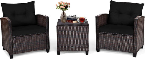 3 Pieces Patio Furniture Set, PE Rattan Wicker 3 Pcs Outdoor Sofa Set W/Washable Cushion and Tempered Glass Tabletop, Conversation Furniture for Garden Poolside Balcony (Black)