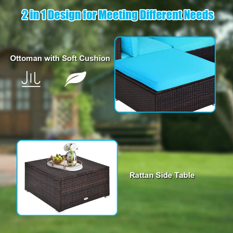 5PCS Cushioned Rattan Patio Conversation Set Outdoor Furniture Set with Ottoman