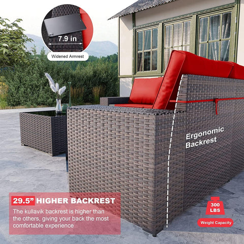 2-Piece Outdoor Patio Furniture Set – Sectional Rattan Sofa Set with 10 Red Seat Cushions & 2 Tempered Glass Tables, Brown PE Rattan Wicker Conversation Set