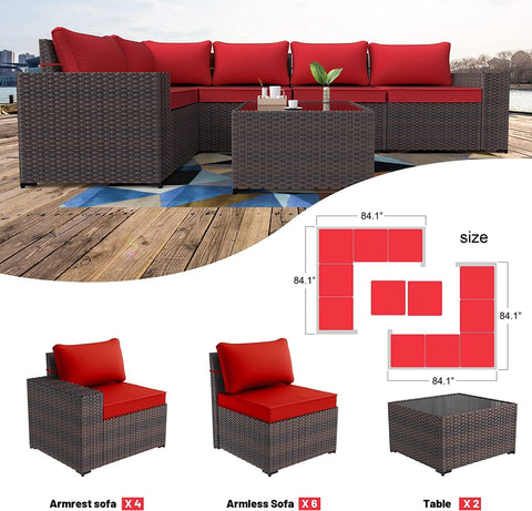 2-Piece Outdoor Patio Furniture Set – Sectional Rattan Sofa Set with 10 Red Seat Cushions & 2 Tempered Glass Tables, Brown PE Rattan Wicker Conversation Set
