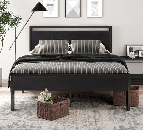 14 Inch Full Size Metal Platform Bed Frame with Wooden Headboard and Footboard, Mattress Foundation, No Box Spring Needed, Large under Bed Storage, Non-Slip without Noise, Black Oak